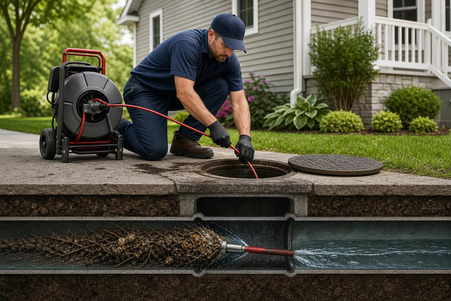 tree root intrusion in damaged underground sewer pipe
