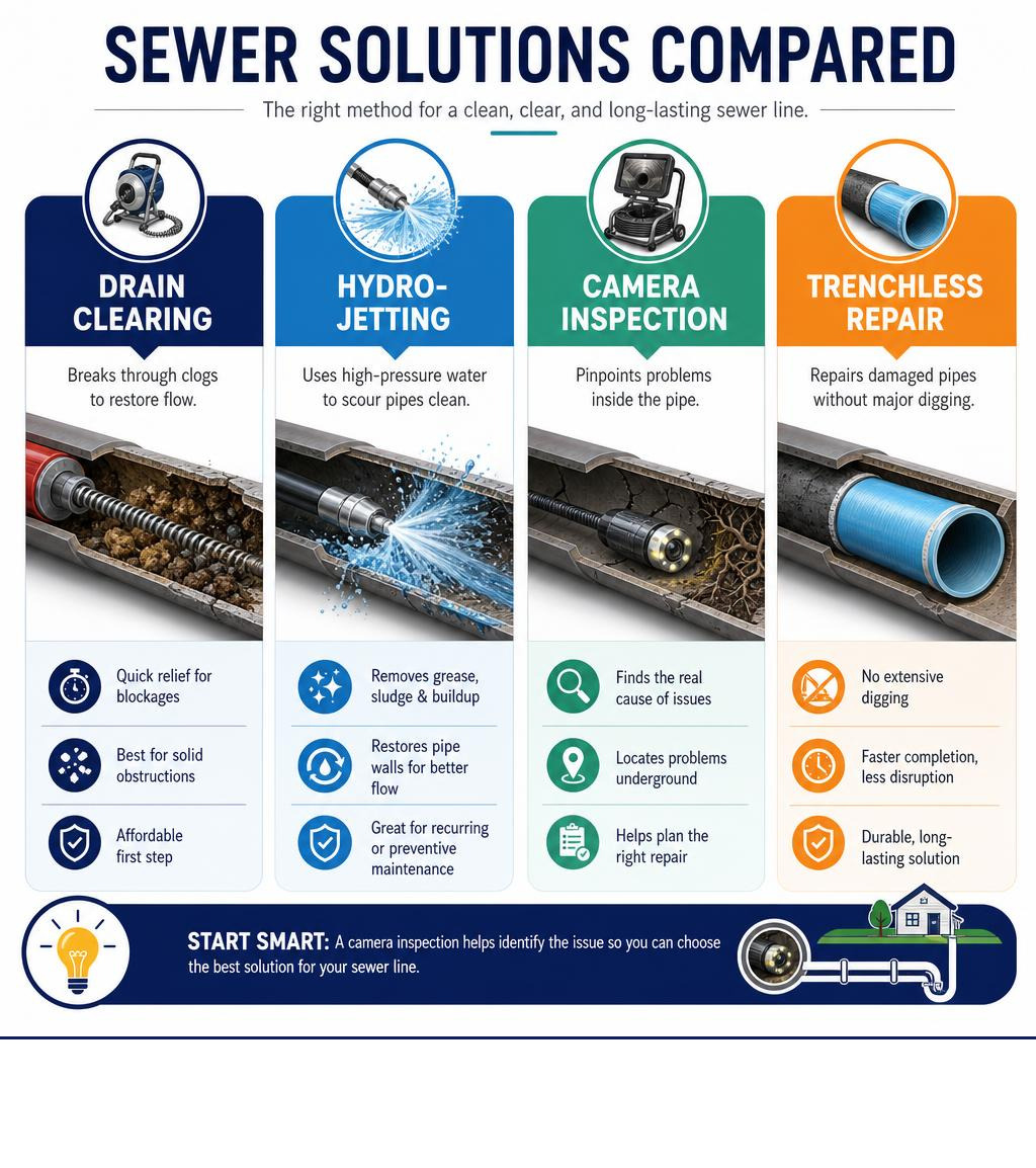 Infographic comparing drain clearing, hydro-jetting, camera inspection, and trenchless repair infographic