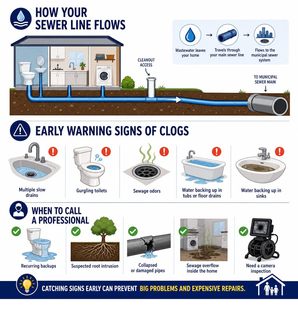 Infographic showing sewer line flow, early warning signs of clogs, and when to call a professional infographic