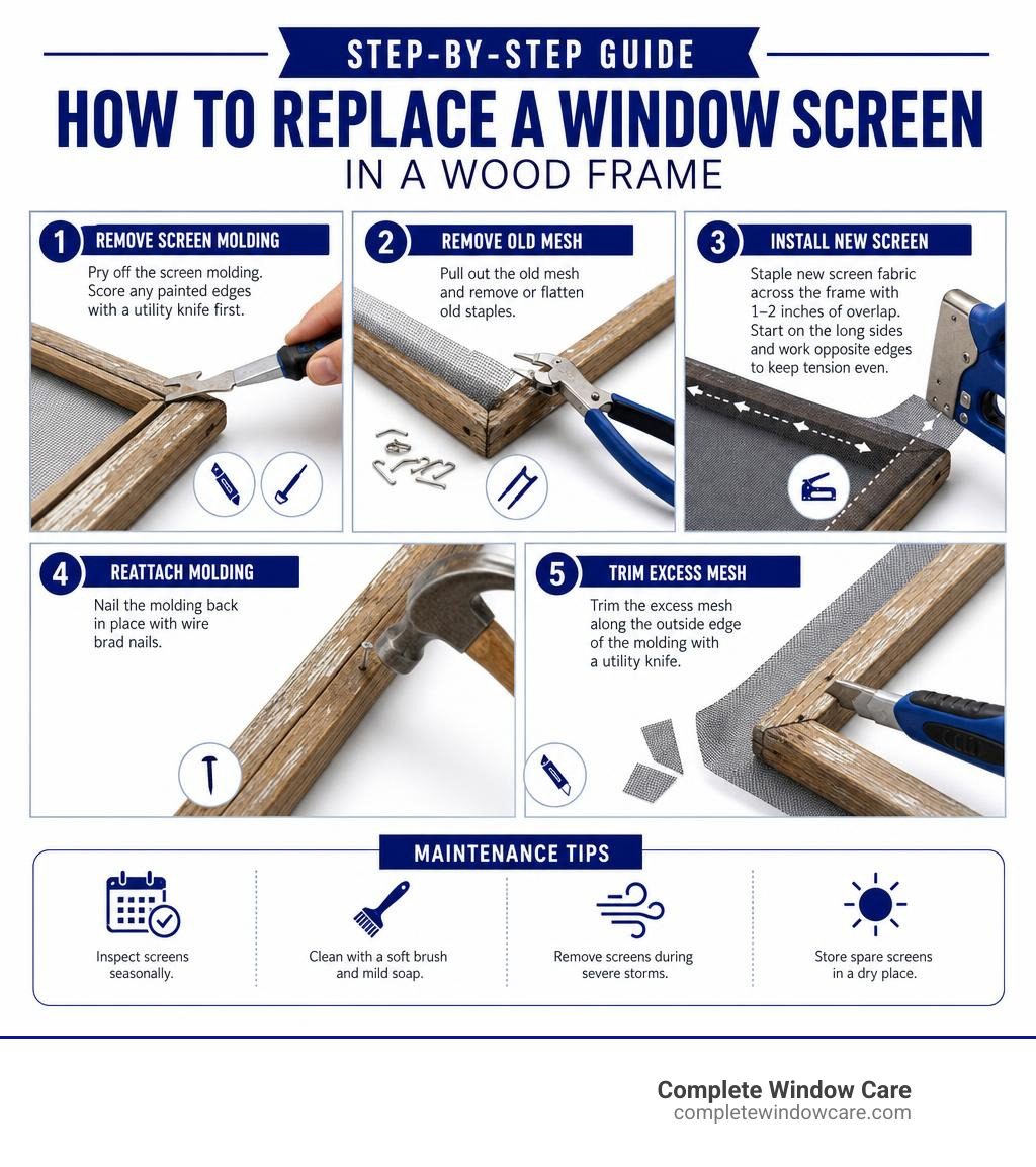 Step-by-step infographic: how to replace a window screen in a wood frame from removal to maintenance infographic Step-by-step infographic: how to replace a window screen in a wood frame from removal to maintenance infographic