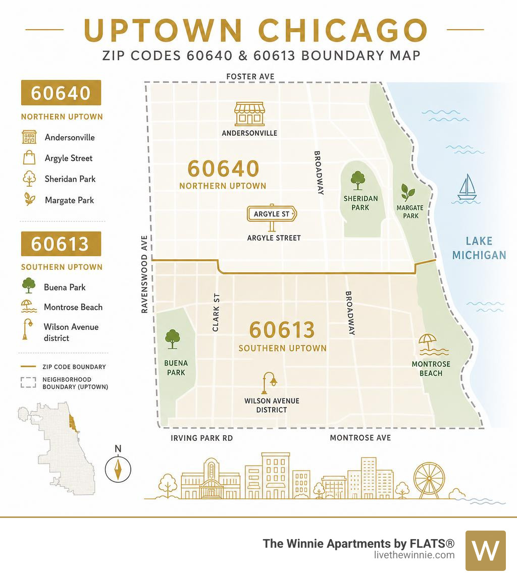 Uptown Chicago ZIP codes 60640 and 60613 boundary map with key neighborhoods labeled infographic