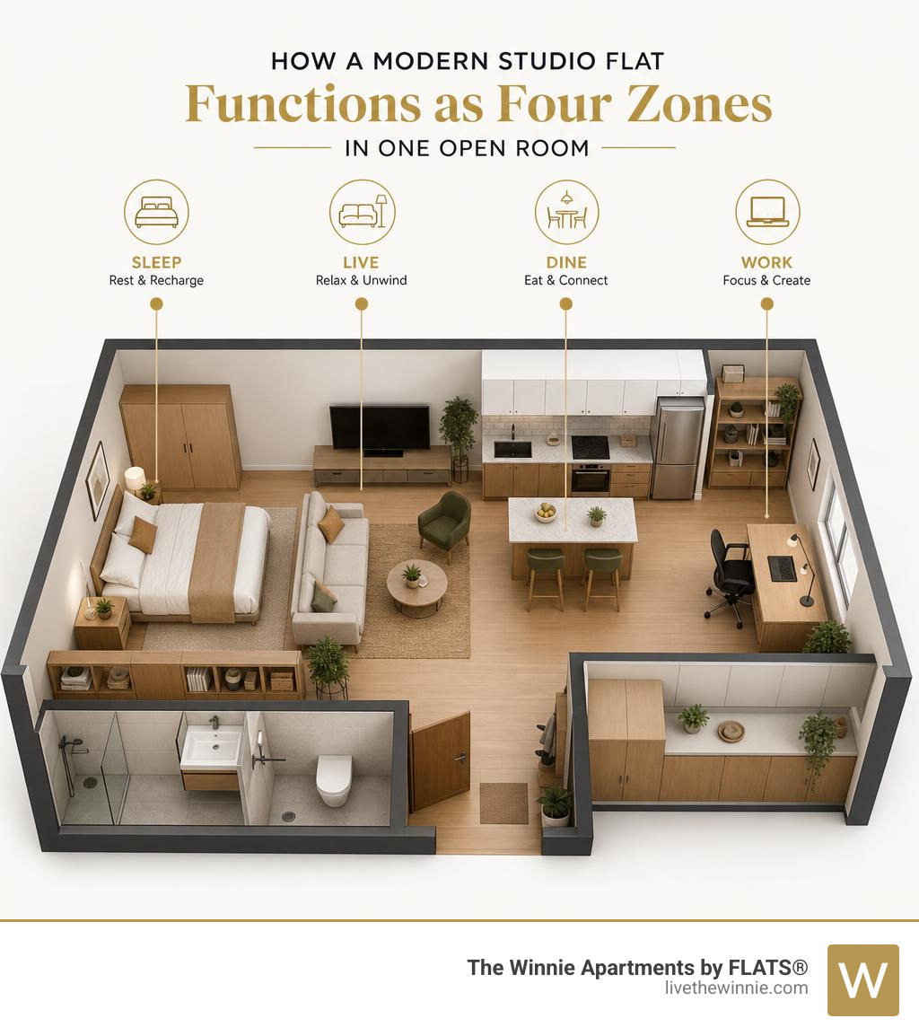 Infographic: how a modern studio flat functions as four zones — sleep, live, dine, work — in one open room infographic