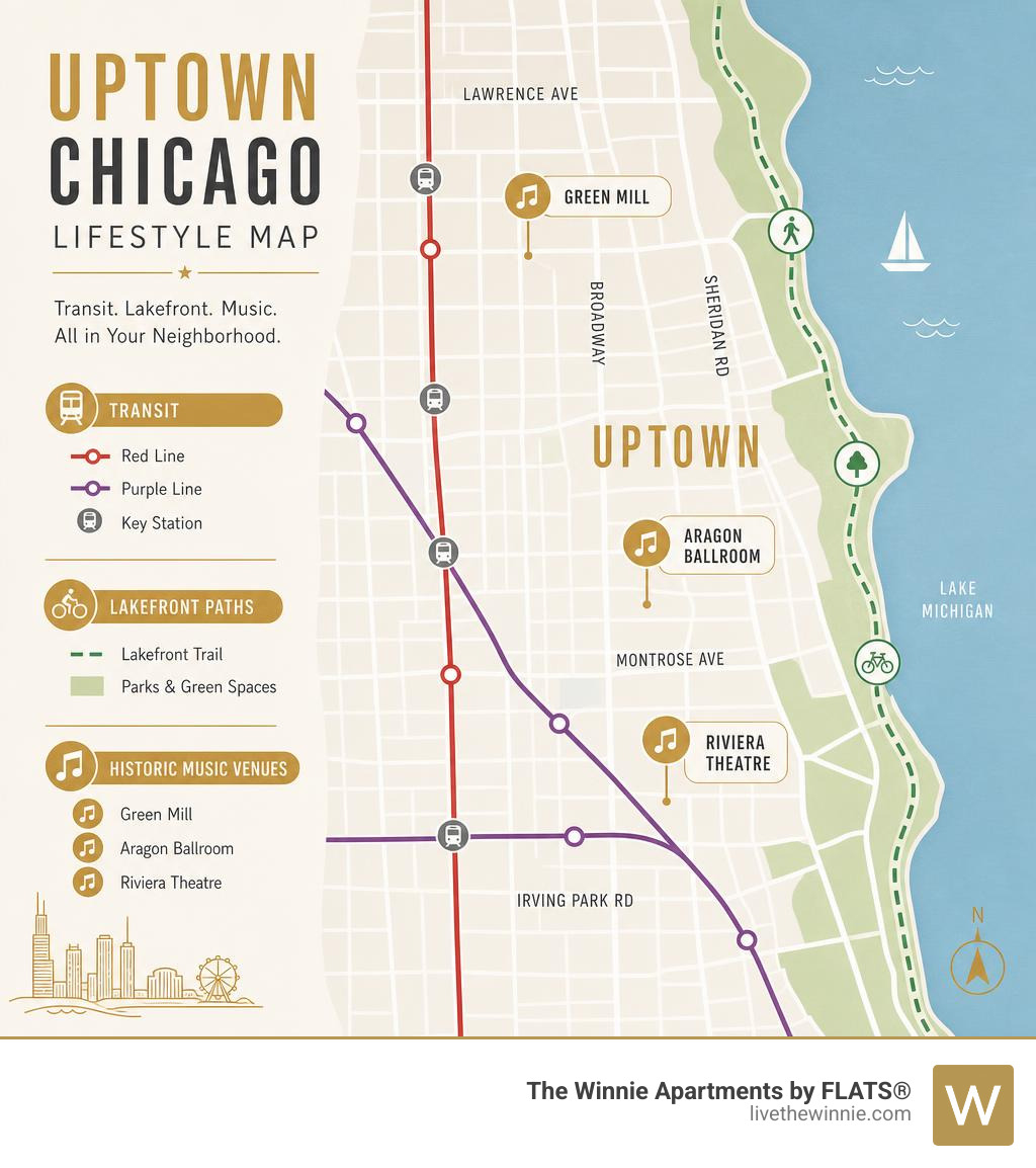 Infographic: Uptown Chicago lifestyle map highlighting transit, lakefront paths, and historic music venues infographic