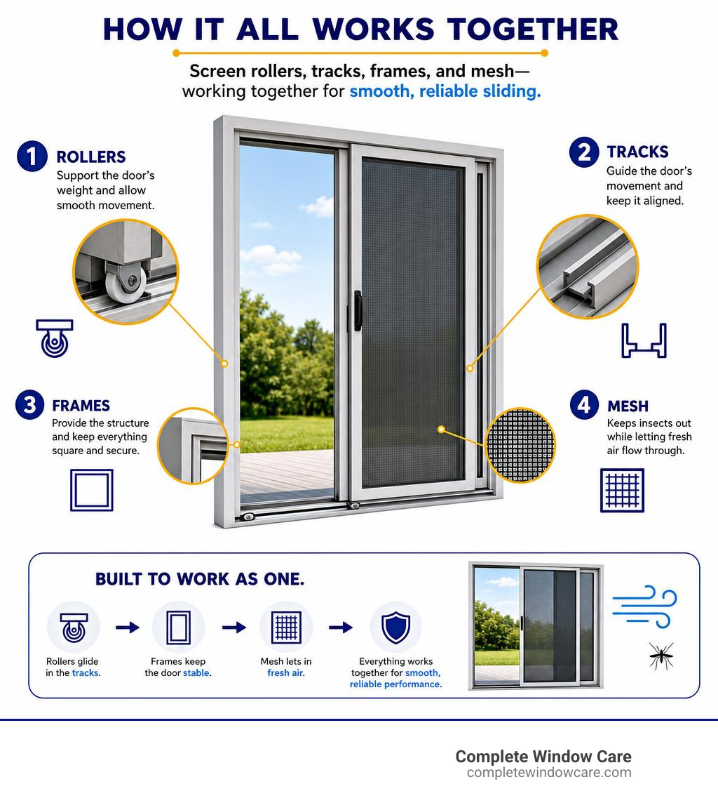 How screen rollers, tracks, frames, and mesh work together in a sliding screen door system infographic How screen rollers, tracks, frames, and mesh work together in a sliding screen door system infographic