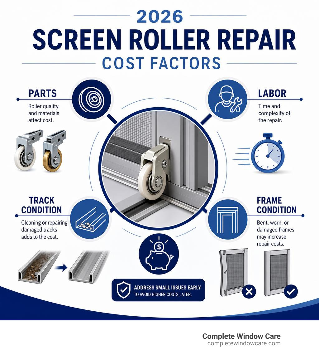 2026 screen roller repair cost factors including parts labor track and frame condition infographic 2026 screen roller repair cost factors including parts labor track and frame condition infographic