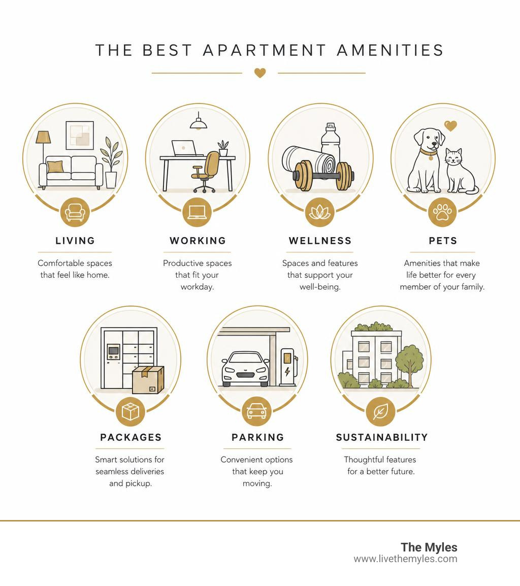 Infographic showing apartment amenity categories: living, working, wellness, pets, packages, parking, sustainability Infographic showing apartment amenity categories: living, working, wellness, pets, packages, parking, sustainability