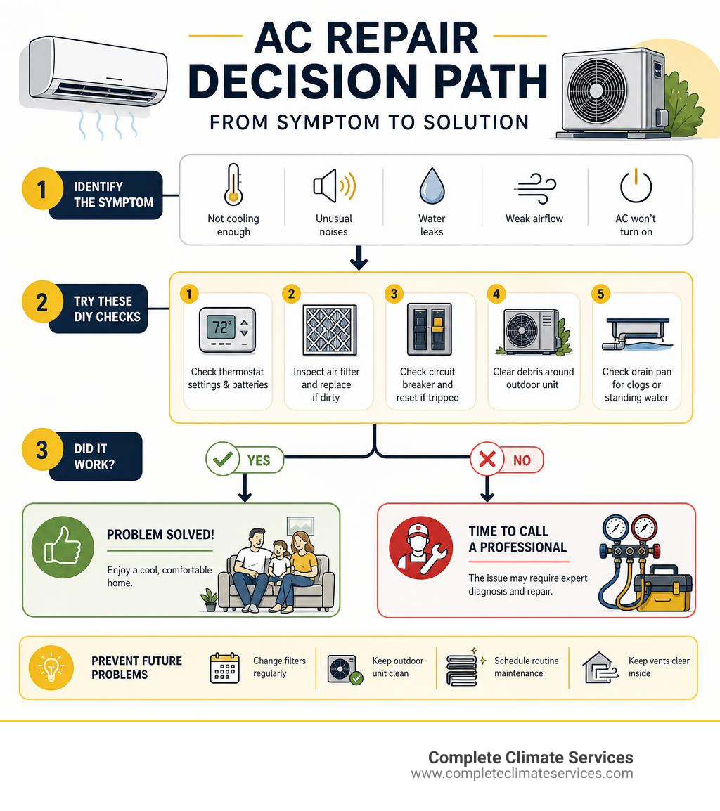 AC repair decision path infographic showing steps from symptom to DIY fix to professional repair infographic