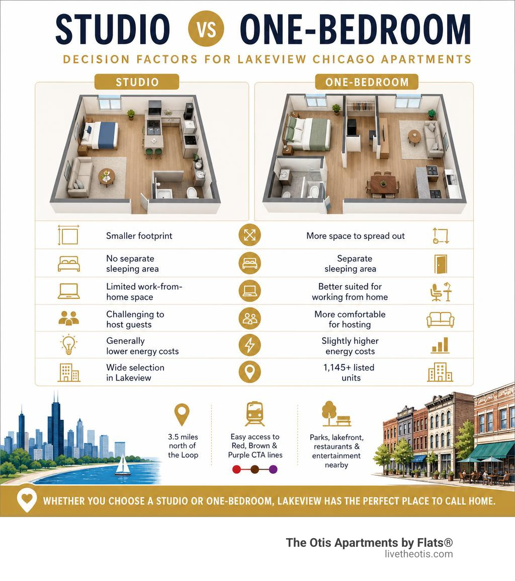 Studio vs one-bedroom decision factors infographic for Lakeview Chicago apartments infographic