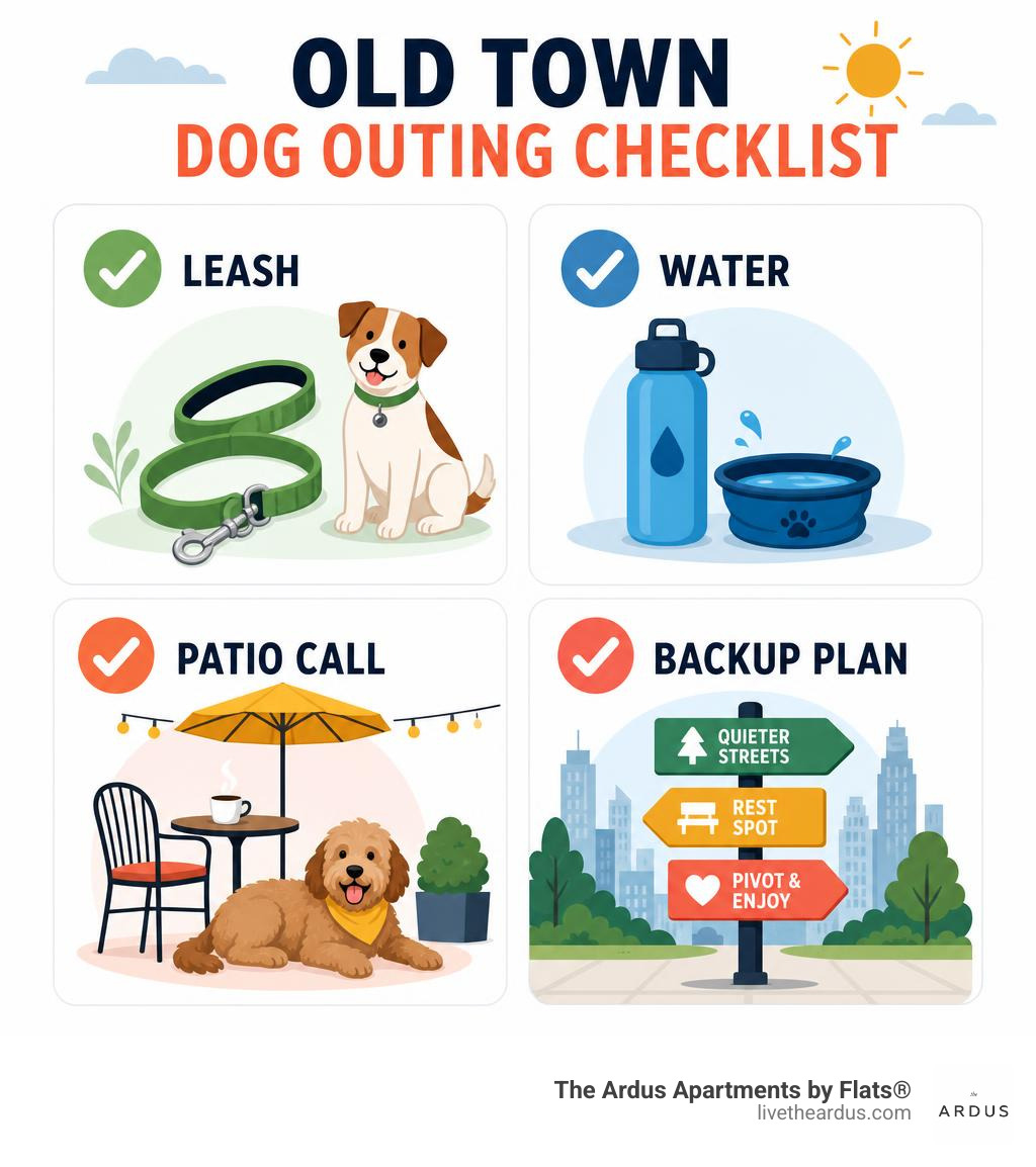 Infographic: Old Town dog outing checklist with leash, water, patio call, and backup plan infographic Infographic: Old Town dog outing checklist with leash, water, patio call, and backup plan infographic