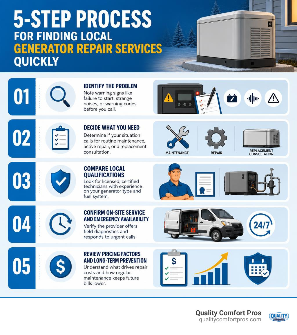 5-step process infographic for finding local generator repair services quickly infographic