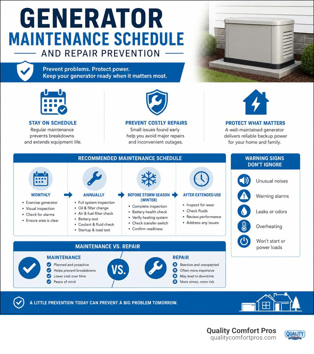 generator maintenance schedule and repair prevention infographic infographic