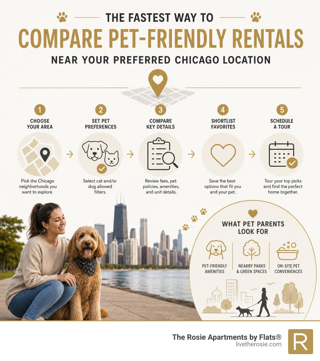 Infographic showing fastest way to compare pet-friendly rentals near a preferred Chicago location infographic