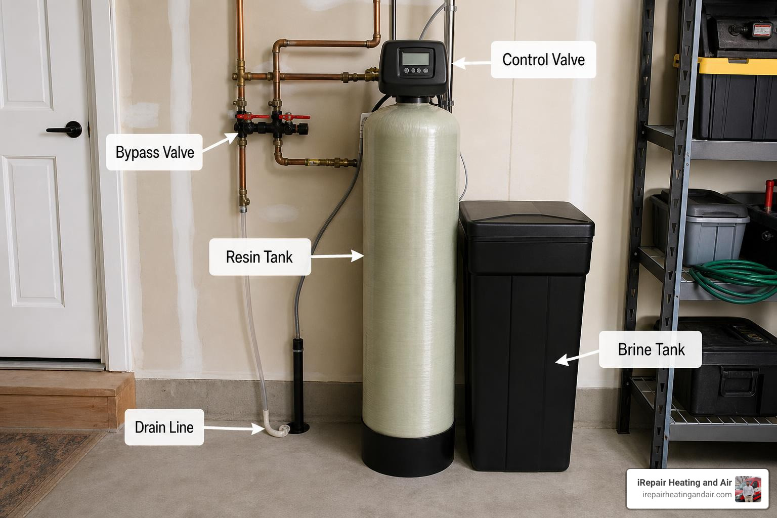 labeled resin tank, brine tank, bypass valve, drain line, and control valve labeled resin tank, brine tank, bypass valve, drain line, and control valve