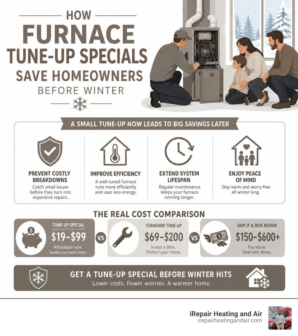Infographic showing how furnace tune-up specials save homeowners money before winter infographic