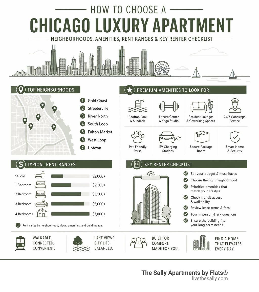 How to choose a Chicago luxury apartment: neighborhoods, amenities, lifestyle priorities, and key renter checklist infographic