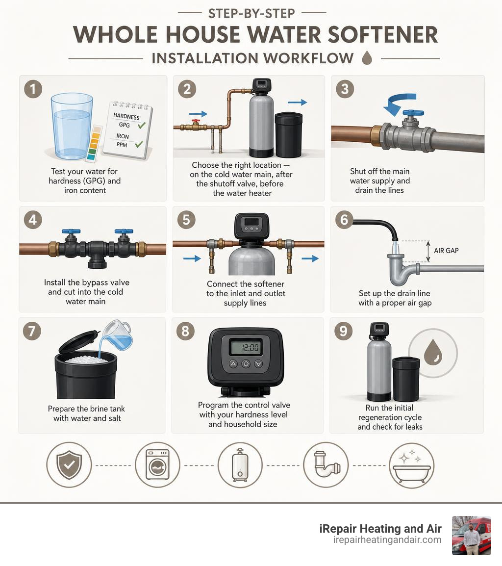 Step-by-step whole house water softener installation workflow infographic infographic Step-by-step whole house water softener installation workflow infographic infographic