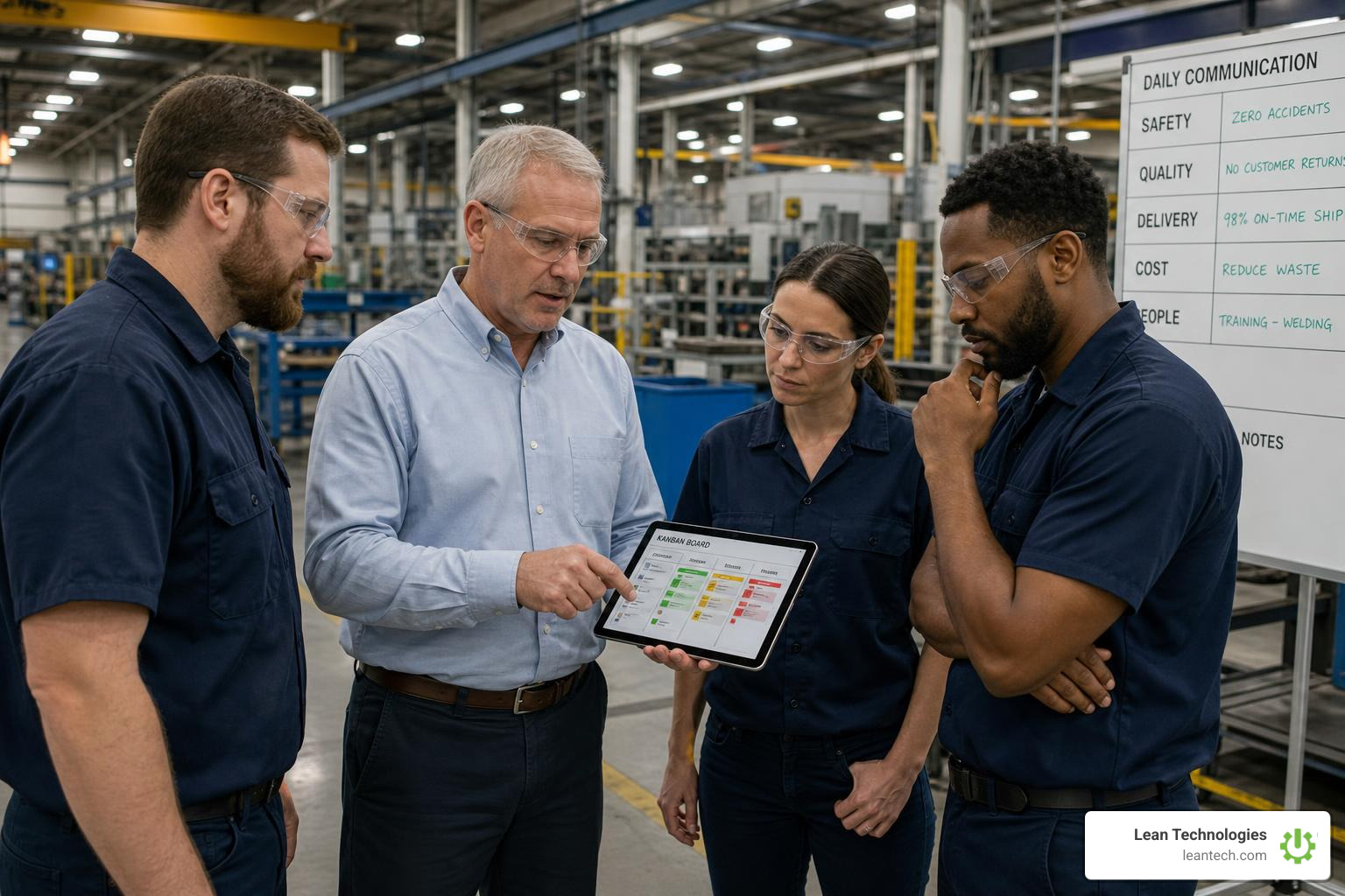 Operators and plant manager reviewing a tablet-based Kanban board during a morning shift huddle Operators and plant manager reviewing a tablet-based Kanban board during a morning shift huddle