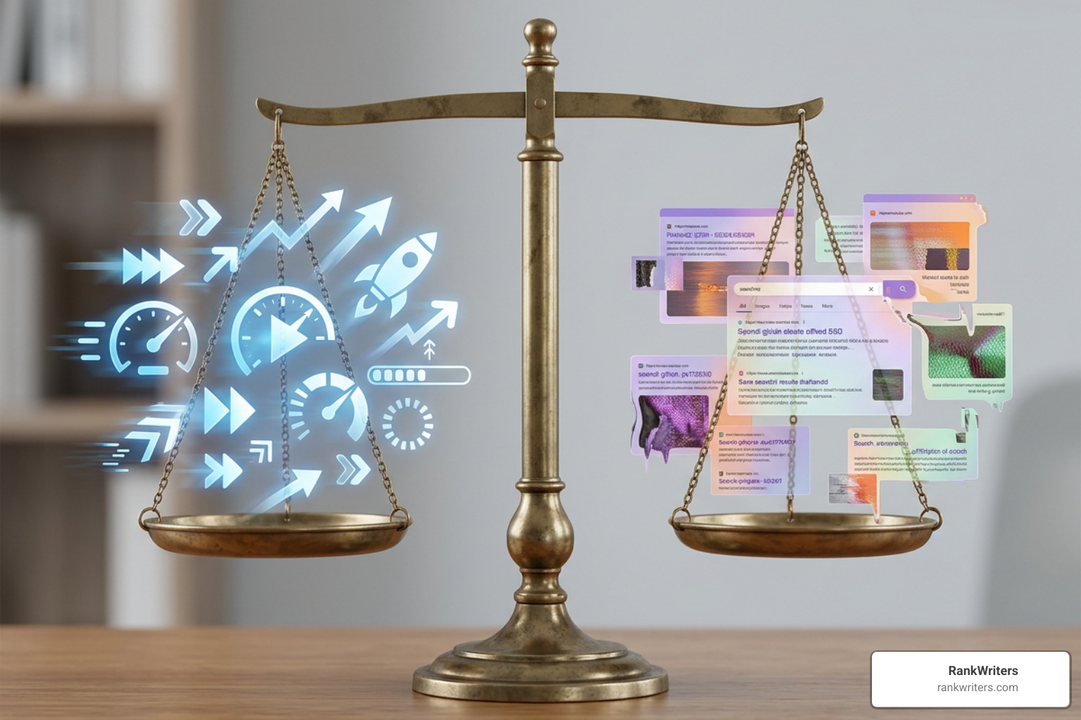 Balanced scale showing AI search benefits like speed and risks like hallucinations