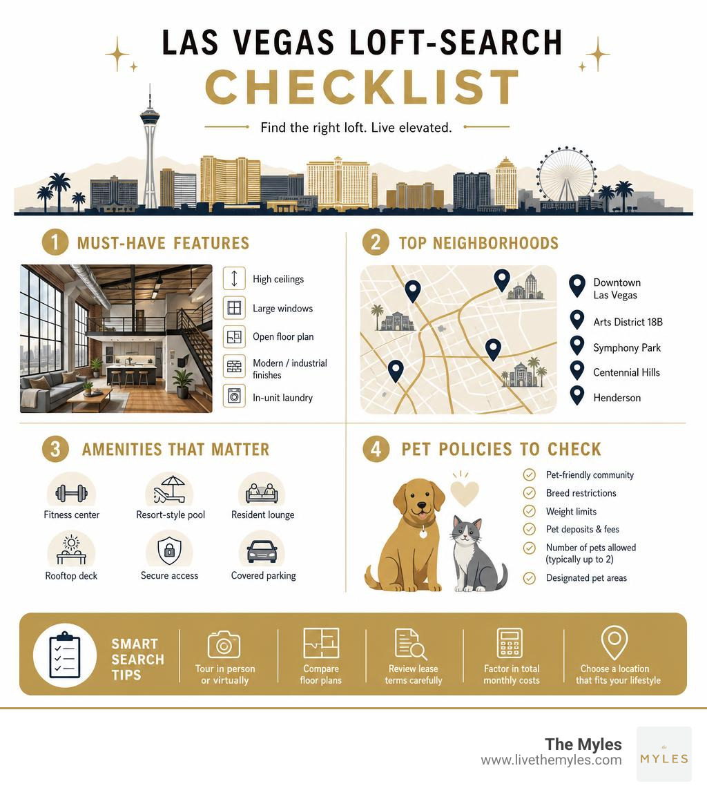 Infographic: Las Vegas loft-search checklist covering must-have features, neighborhoods, amenities, and pet policies Infographic: Las Vegas loft-search checklist covering must-have features, neighborhoods, amenities, and pet policies