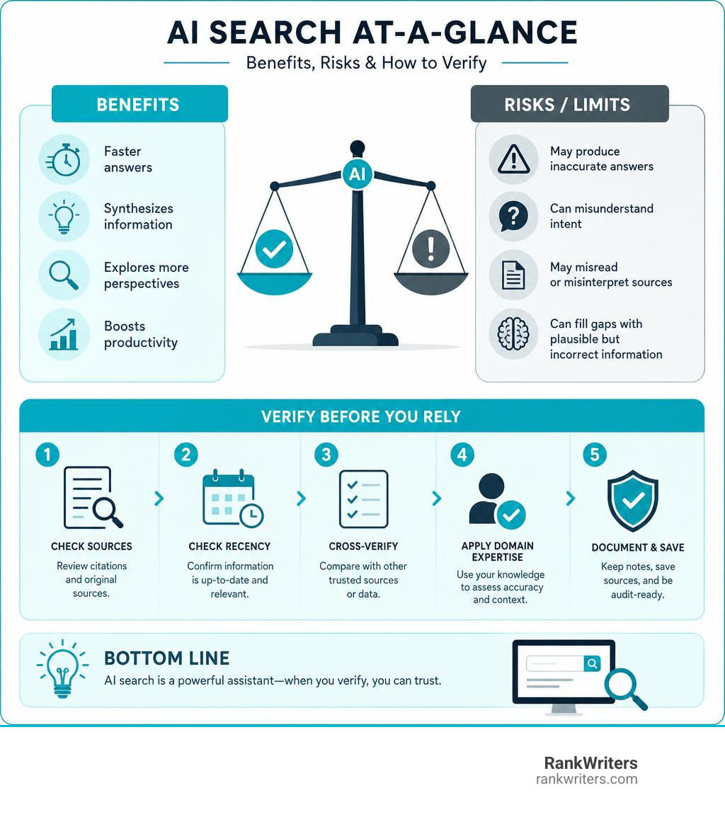 Infographic summarizing AI search benefits, risks, and verification steps infographic