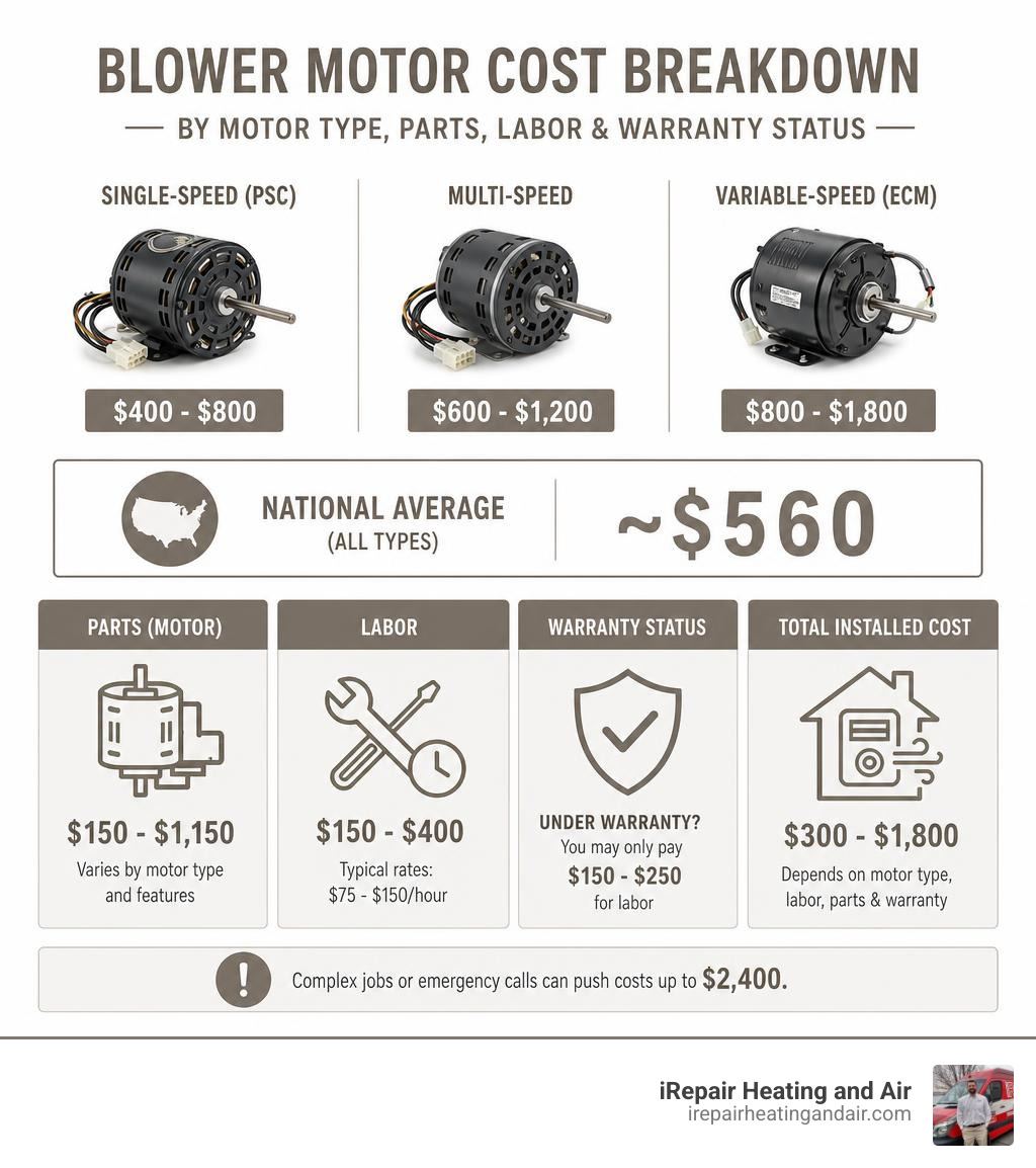 infographic showing blower motor cost breakdown by motor type parts labor and warranty status infographic