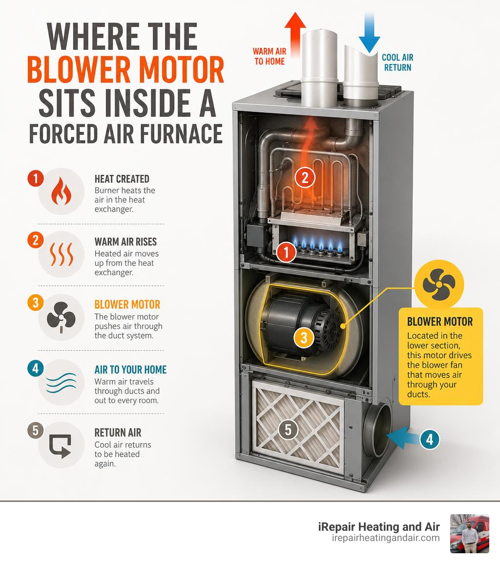 where the blower motor sits inside a forced air furnace infographic