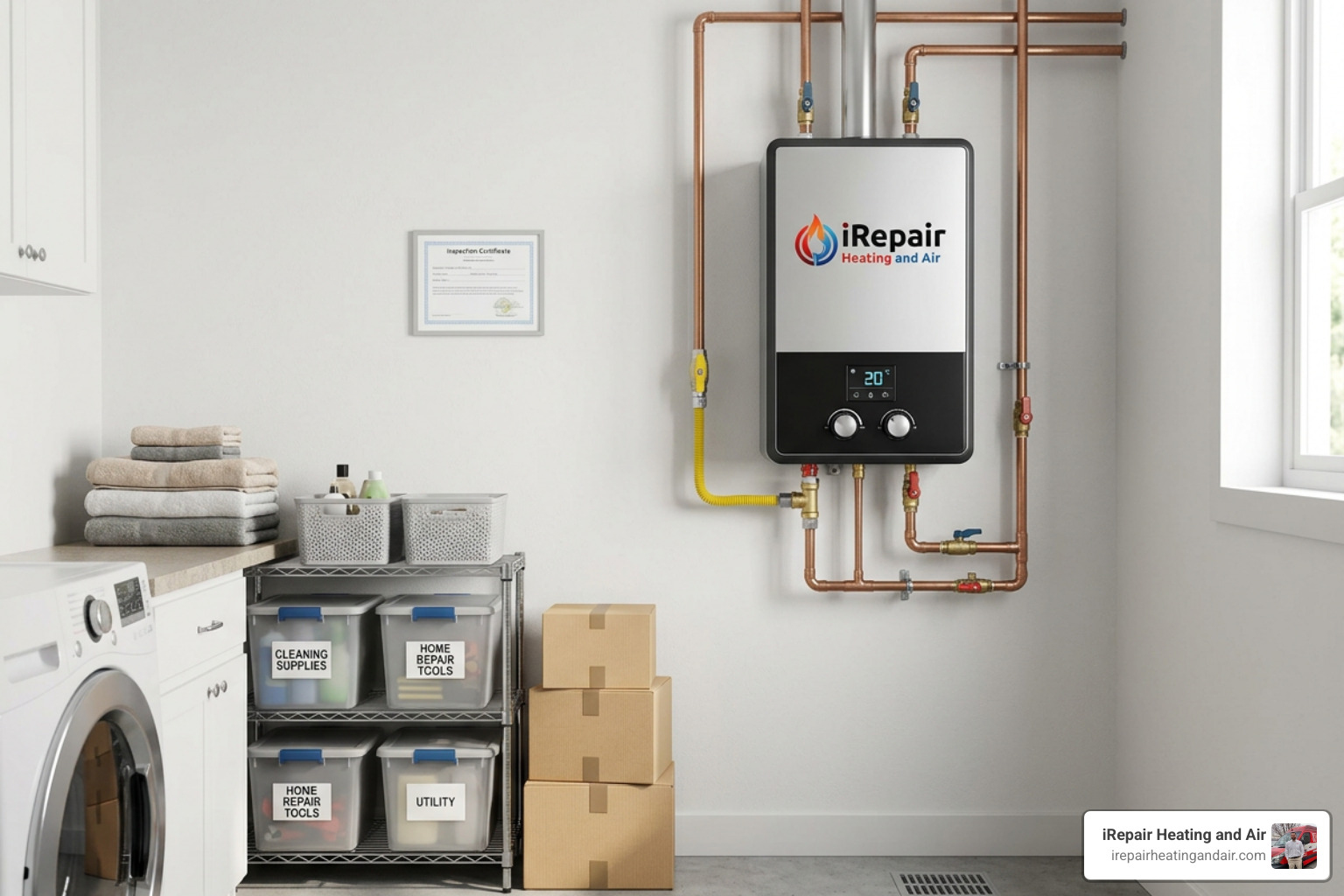 compact tankless water heater mounted on wall in a clean utility room compact tankless water heater mounted on wall in a clean utility room