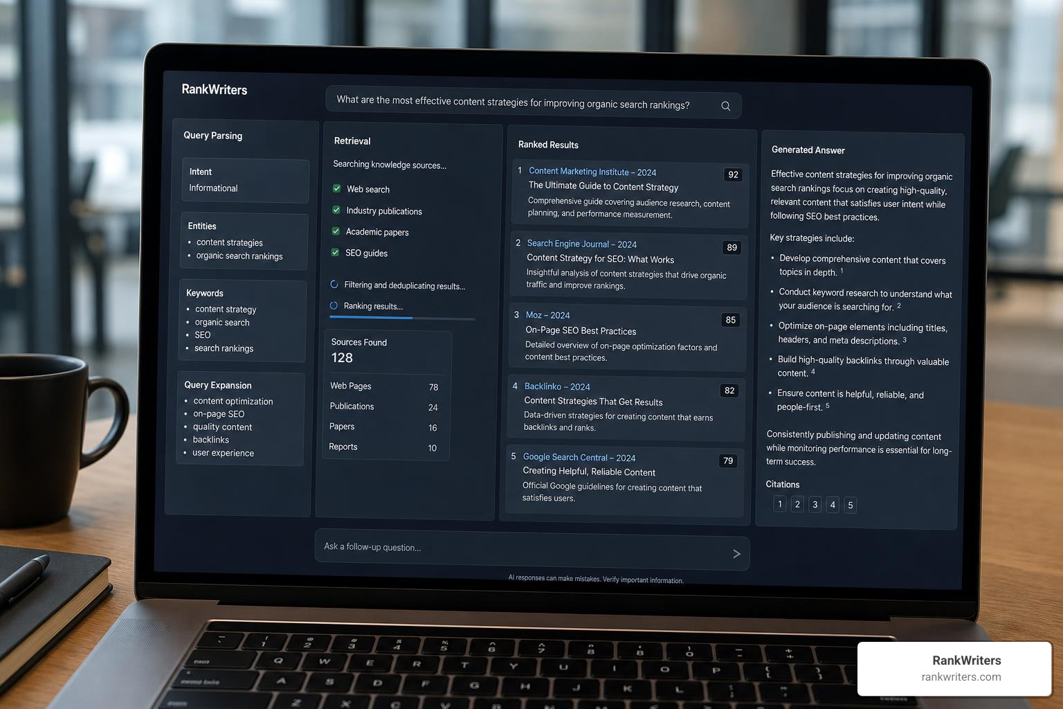 AI search pipeline showing query parsing, retrieval, ranking, citation, and answer generation