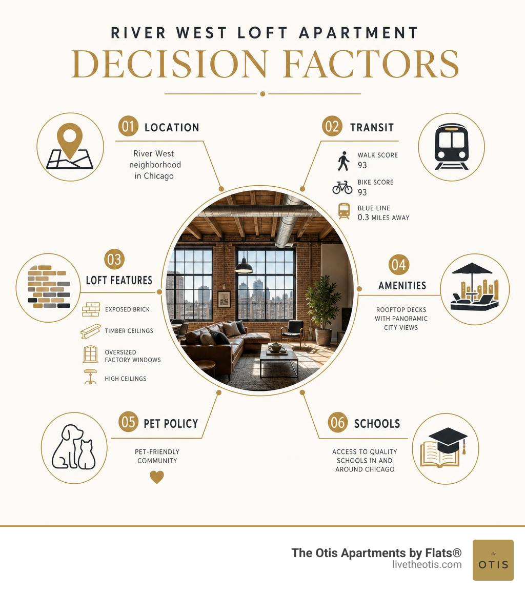 River West loft apartment decision factors infographic: location, transit, loft features, amenities, pet policy, schools