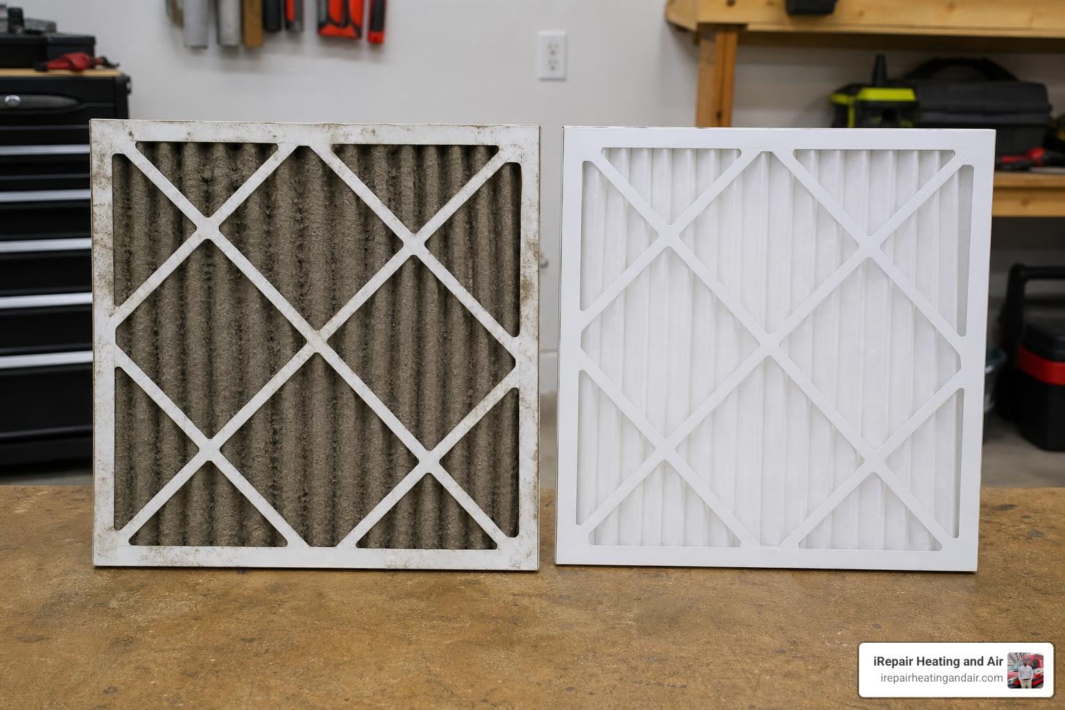 clogged furnace filter beside clean replacement filter