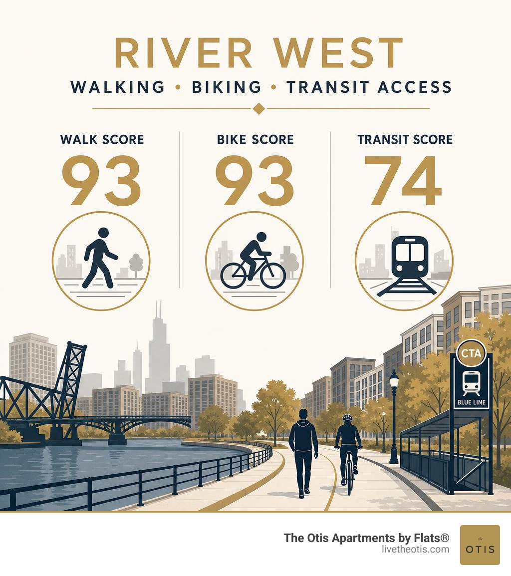 River West walking biking transit access infographic with Walk Score 93 Bike Score 93 Transit Score 74 infographic