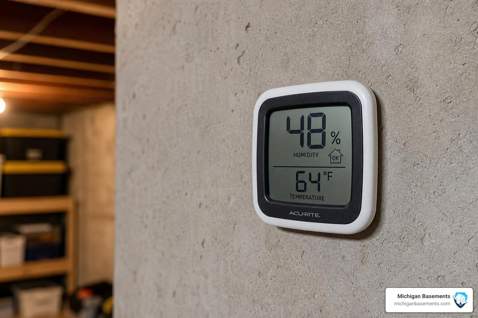 digital hygrometer measuring basement humidity on a concrete wall digital hygrometer measuring basement humidity on a concrete wall