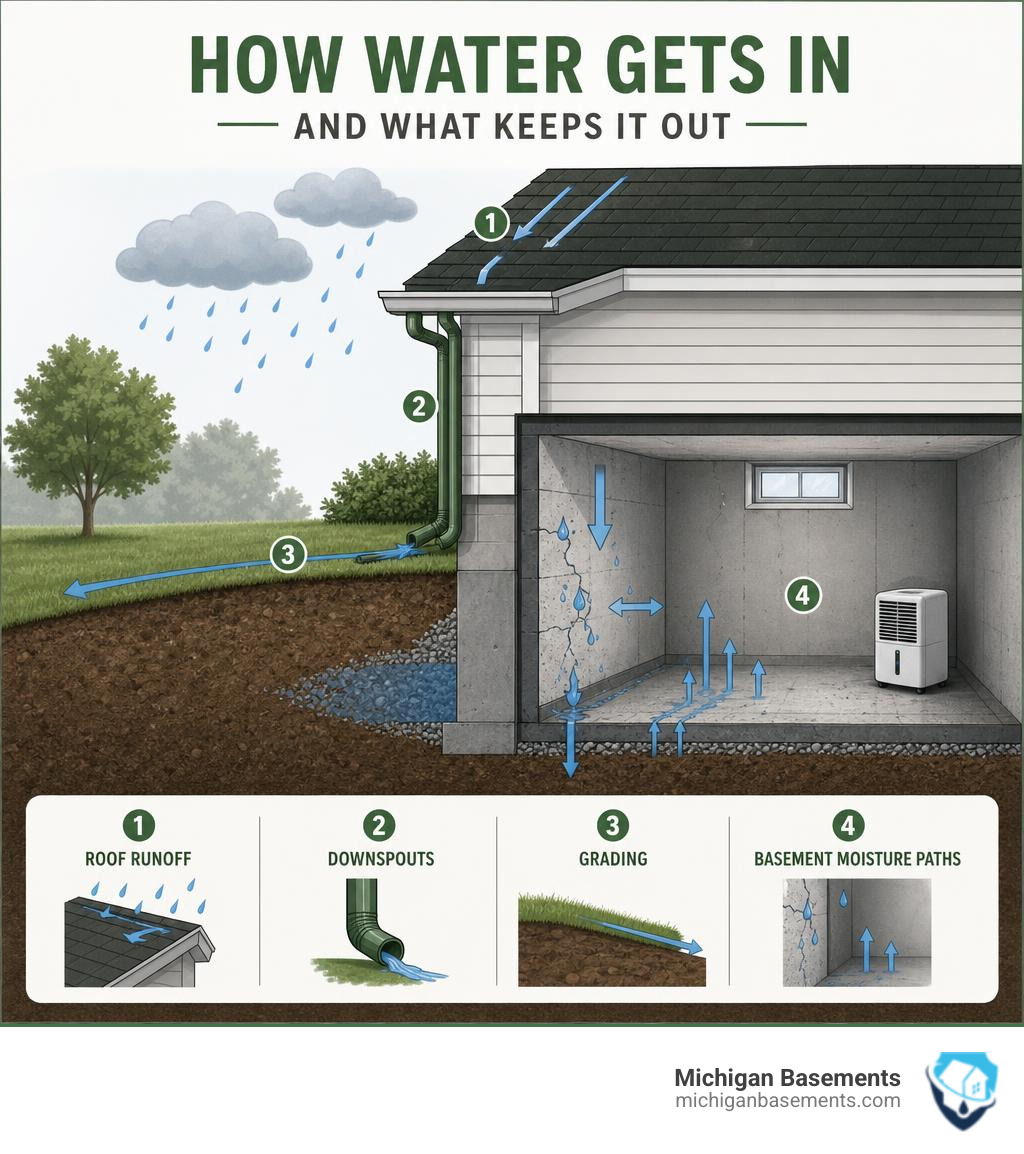 infographic showing roof runoff, downspouts, grading, and basement moisture paths infographic infographic showing roof runoff, downspouts, grading, and basement moisture paths infographic