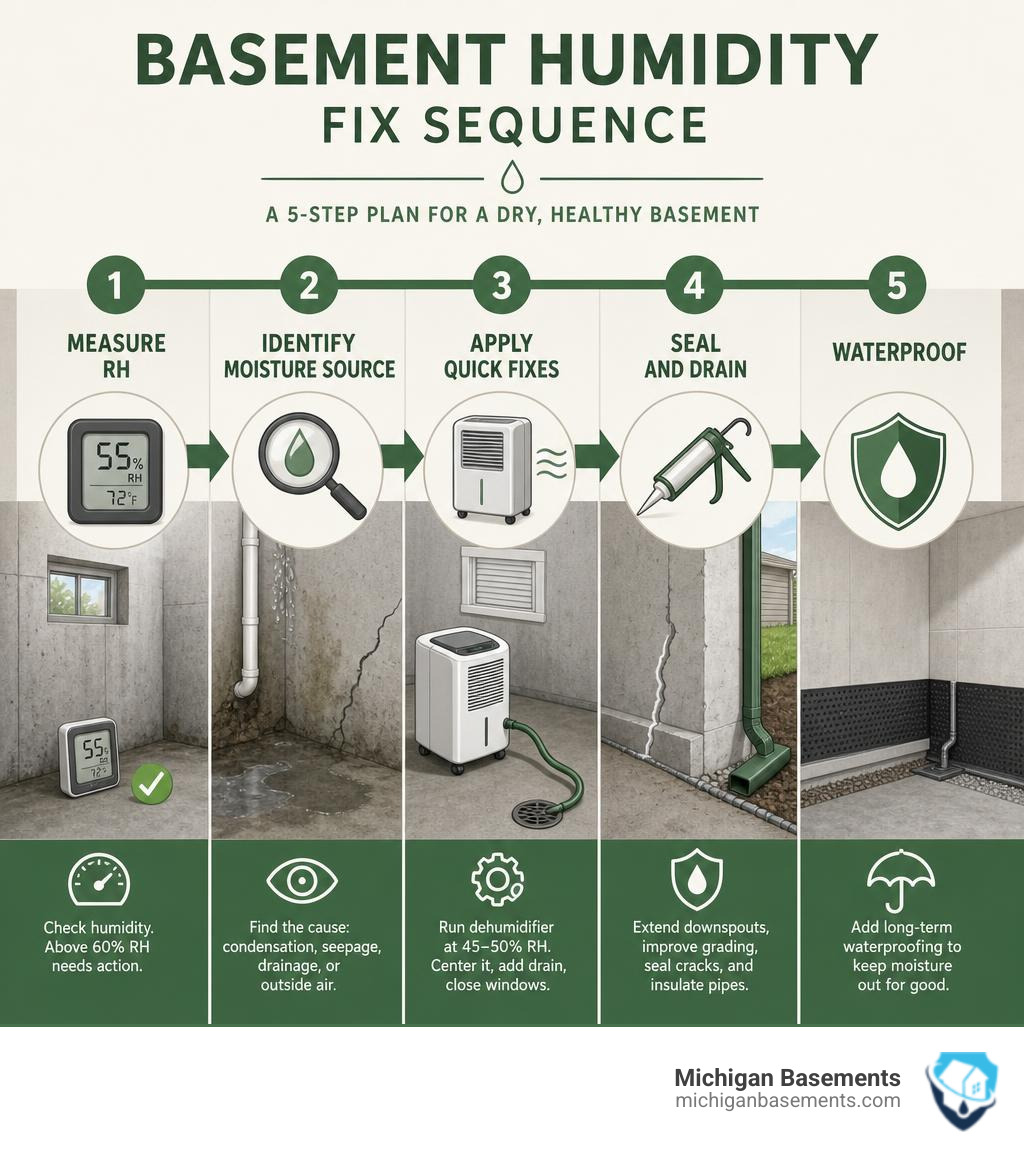 Basement humidity fix sequence infographic: measure RH, identify moisture source, apply quick fixes, seal and drain Basement humidity fix sequence infographic: measure RH, identify moisture source, apply quick fixes, seal and drain