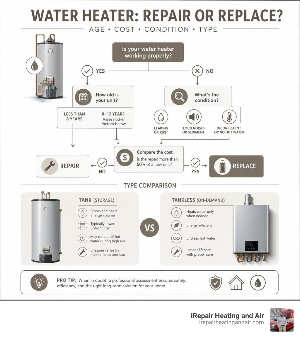 repair vs replacement decision flow for water heater: age, cost, condition, and type comparison infographic repair vs replacement decision flow for water heater: age, cost, condition, and type comparison infographic