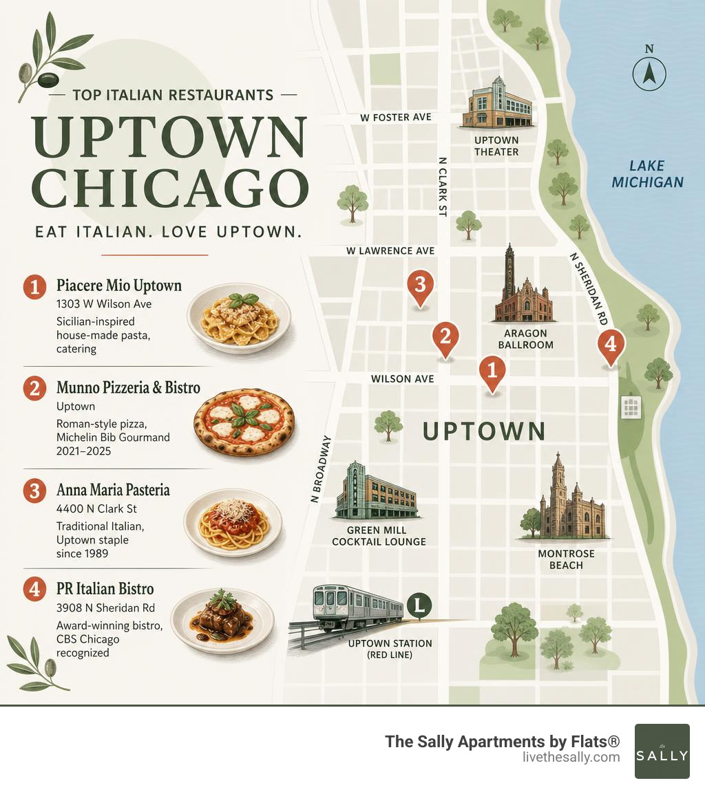 Map infographic showing top Italian restaurants around Uptown Chicago with neighborhood landmarks infographic Map infographic showing top Italian restaurants around Uptown Chicago with neighborhood landmarks infographic