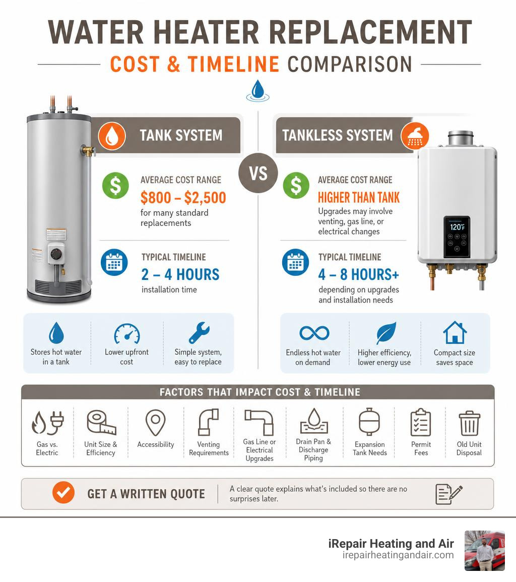 water heater replacement cost and timeline comparison for tank and tankless systems infographic water heater replacement cost and timeline comparison for tank and tankless systems infographic