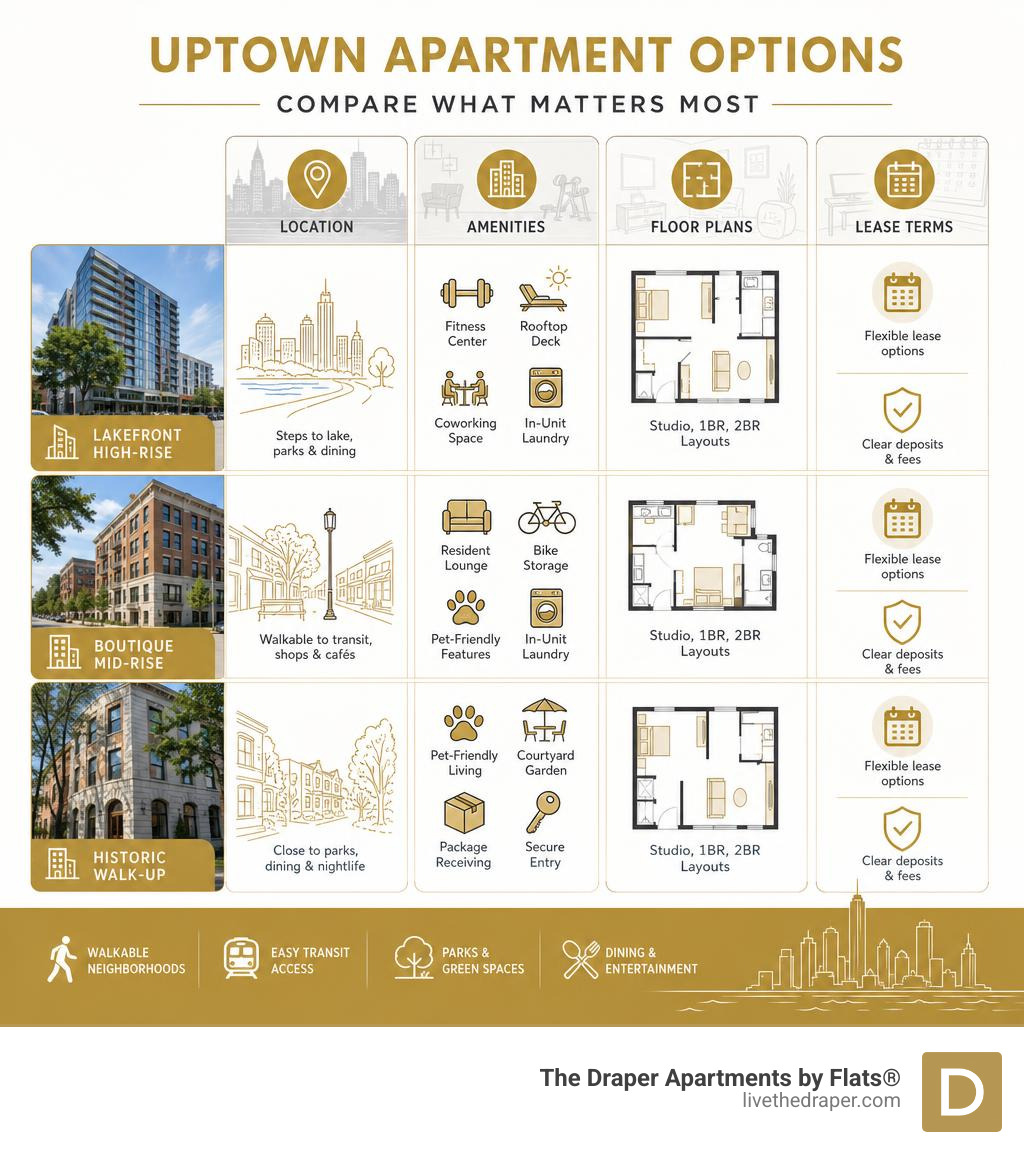 Infographic comparing Uptown apartment options by location, amenities, floor plans, and lease terms infographic