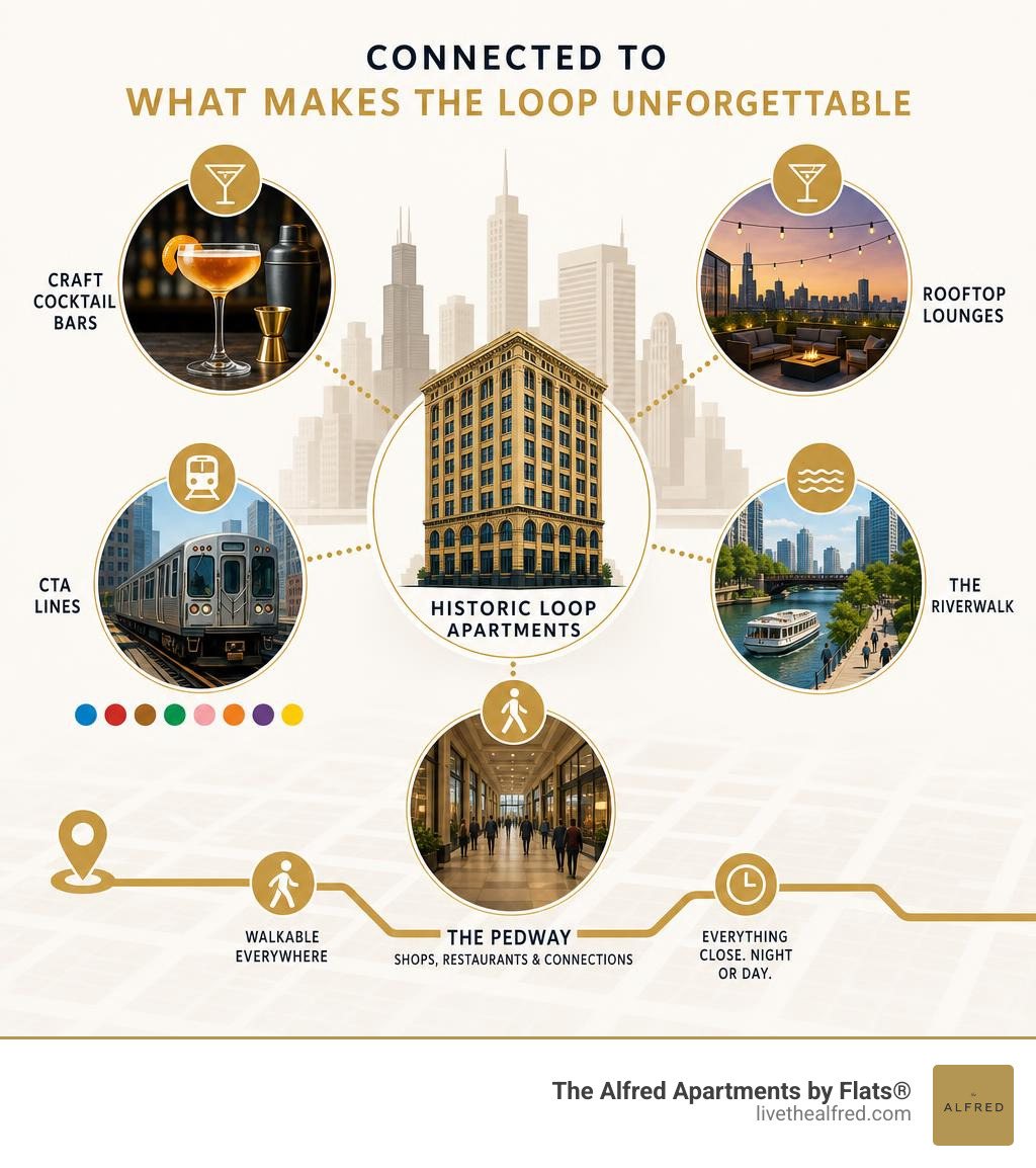 Infographic showing how historic Loop apartments connect to cocktail bars, rooftops, CTA lines, the Riverwalk, and the Infographic showing how historic Loop apartments connect to cocktail bars, rooftops, CTA lines, the Riverwalk, and the