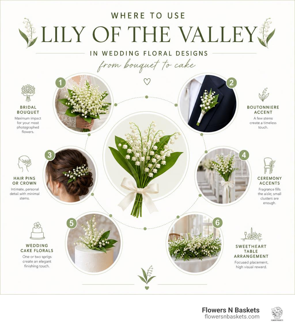 Infographic showing where to use lily of the valley in wedding floral designs from bouquet to cake infographic Infographic showing where to use lily of the valley in wedding floral designs from bouquet to cake infographic