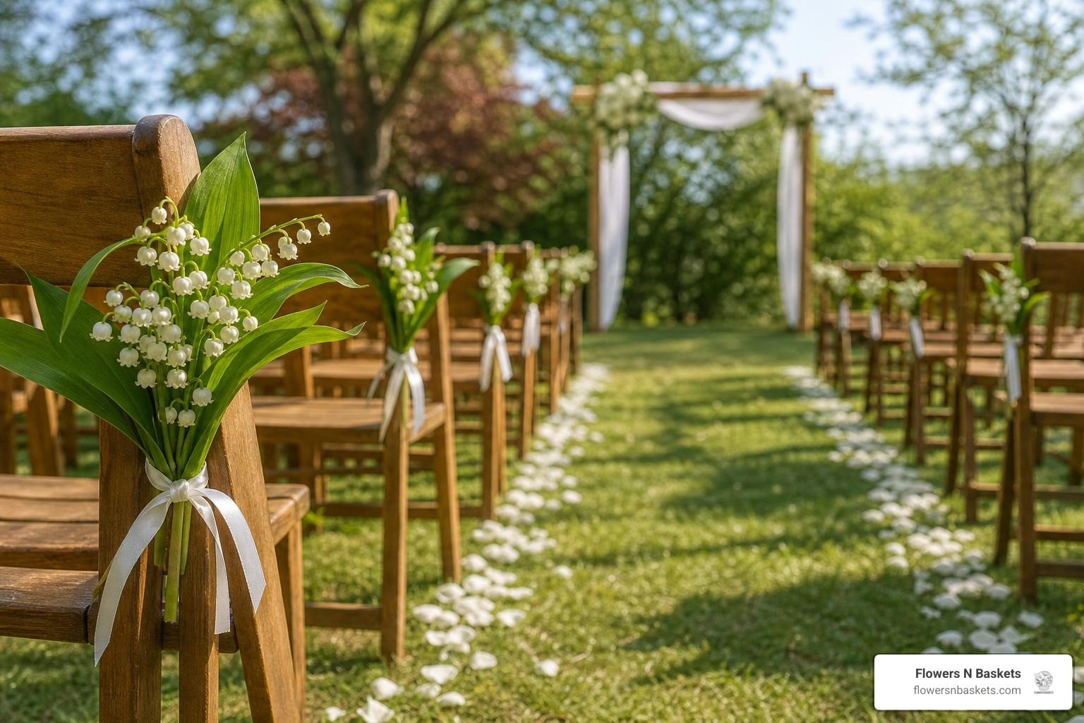 Lily of the valley ceremony aisle markers tied to wooden chairs in an outdoor setting Lily of the valley ceremony aisle markers tied to wooden chairs in an outdoor setting