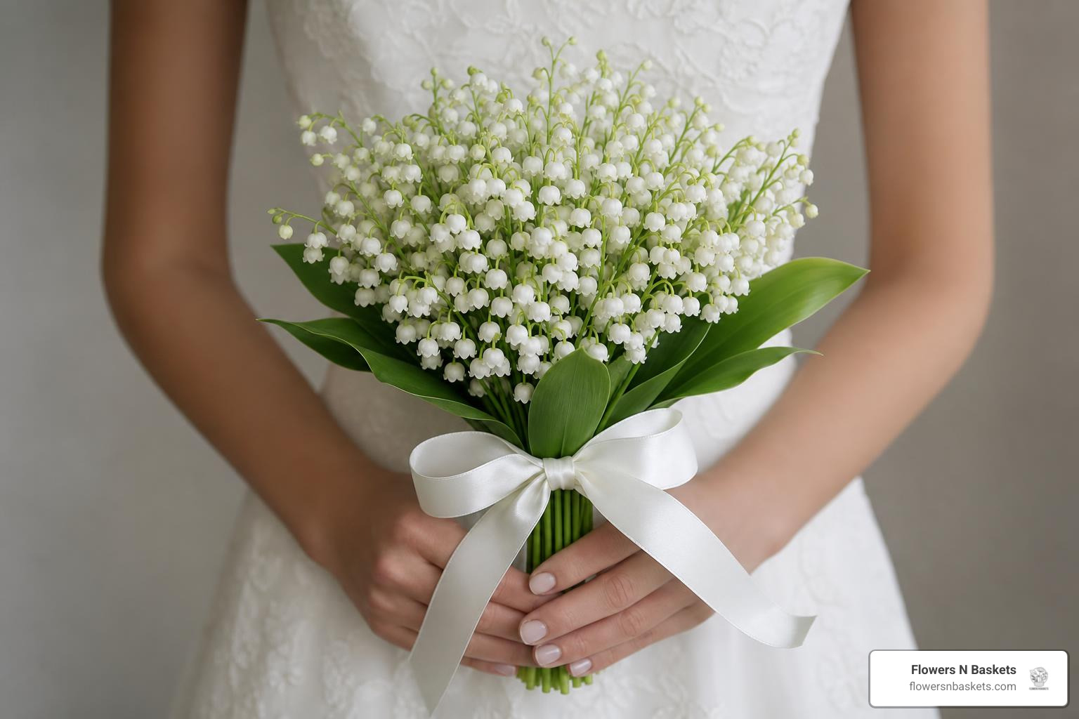 A petite and elegant lily of the valley wedding bouquet tied with a silk ribbon A petite and elegant lily of the valley wedding bouquet tied with a silk ribbon