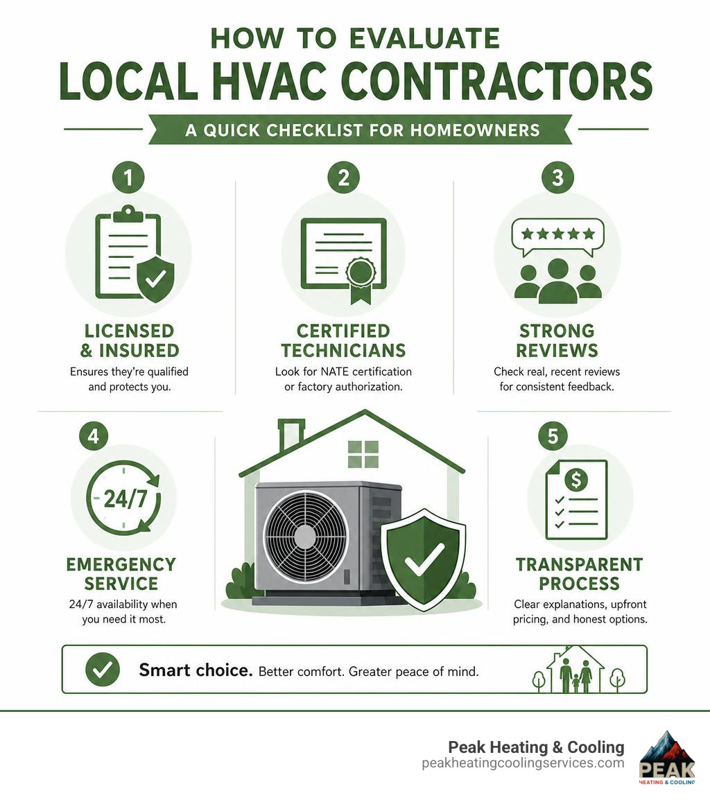 Infographic: How to evaluate local HVAC contractors — checklist of licensing, certifications, reviews, emergency service