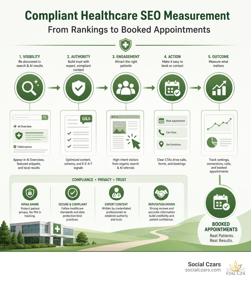 compliant healthcare SEO measurement from rankings to booked appointments infographic