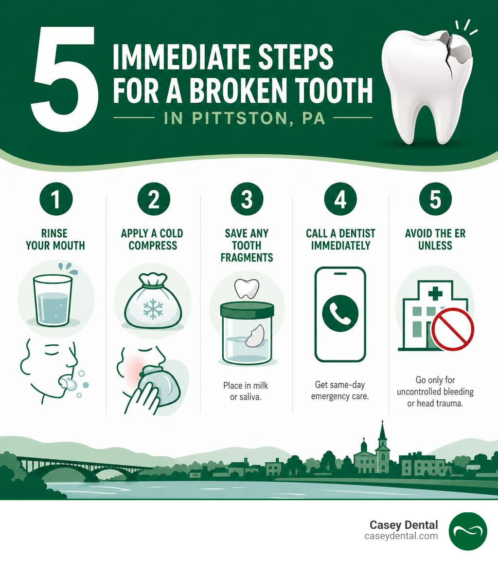 Infographic: 5 immediate steps for a broken tooth in Pittston PA — rinse, compress, save fragments, call dentist, avoid ER Infographic: 5 immediate steps for a broken tooth in Pittston PA — rinse, compress, save fragments, call dentist, avoid ER