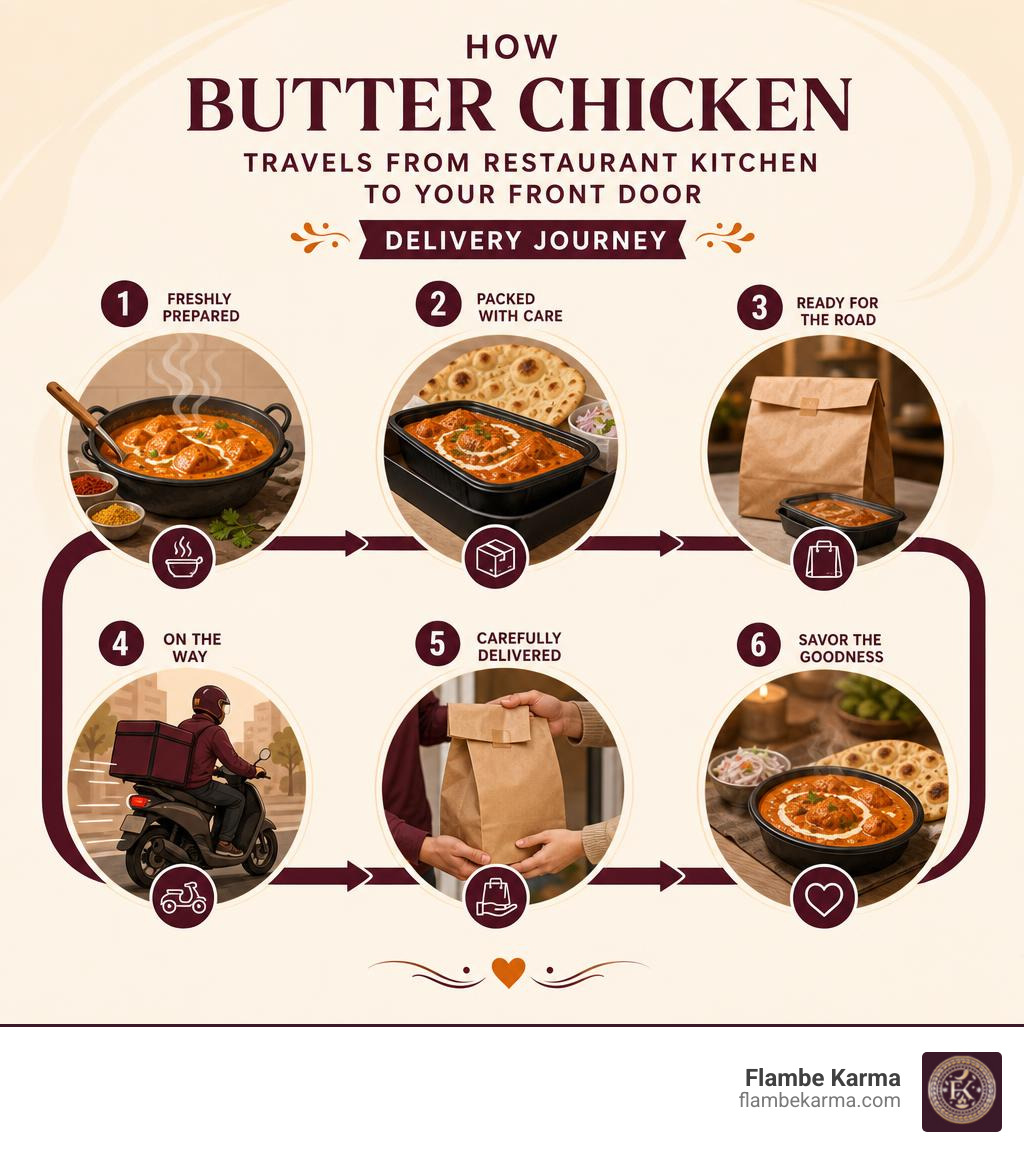 How butter chicken travels from restaurant kitchen to your front door delivery journey infographic