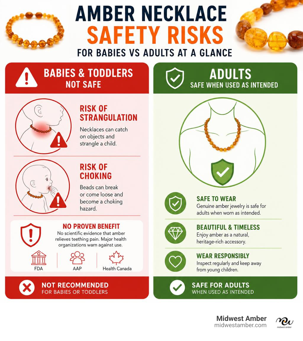 Amber necklace safety risks for babies vs adults at a glance infographic infographic