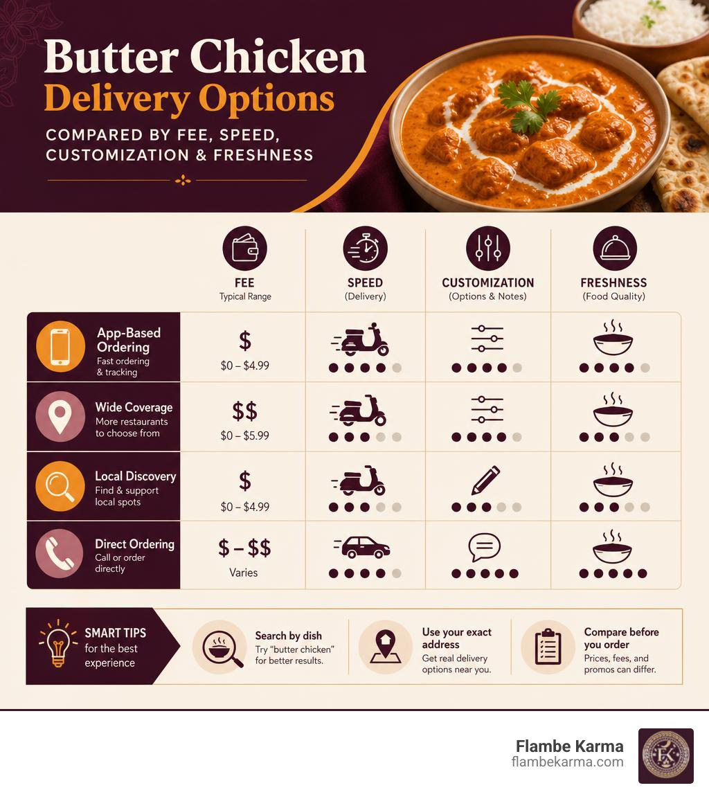 Butter chicken delivery options compared by fee speed customization and freshness infographic