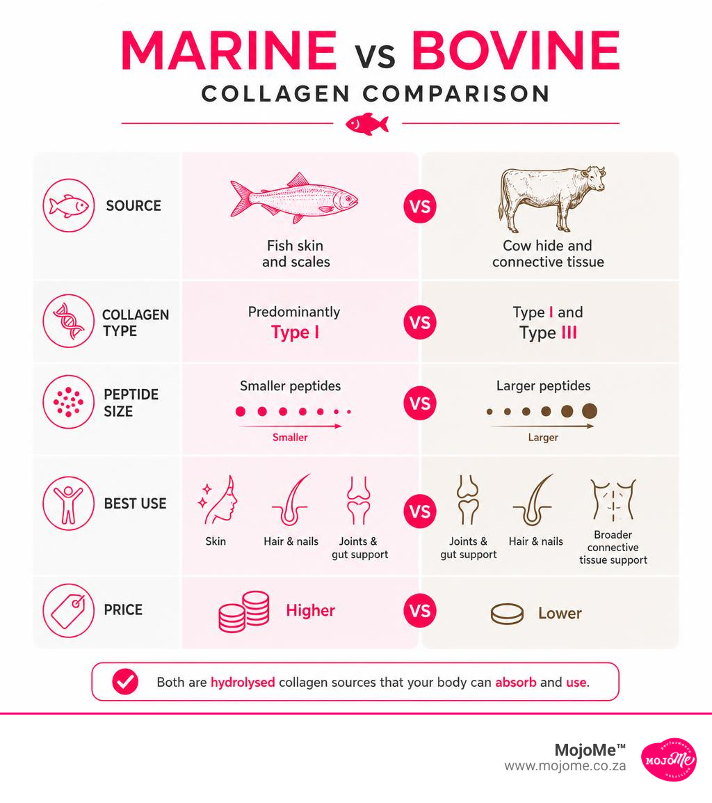 Marine vs bovine collagen comparison infographic showing source, collagen type, peptide size, best use and price infographic Marine vs bovine collagen comparison infographic showing source, collagen type, peptide size, best use and price infographic