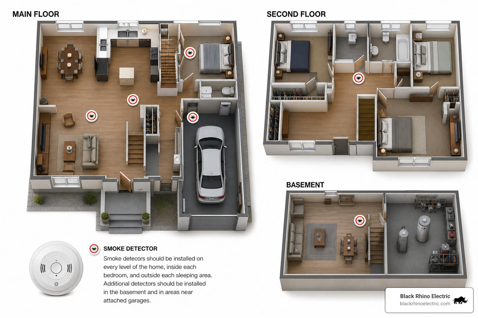 detector placement map for bedrooms hallways basement and garage-adjacent areas
